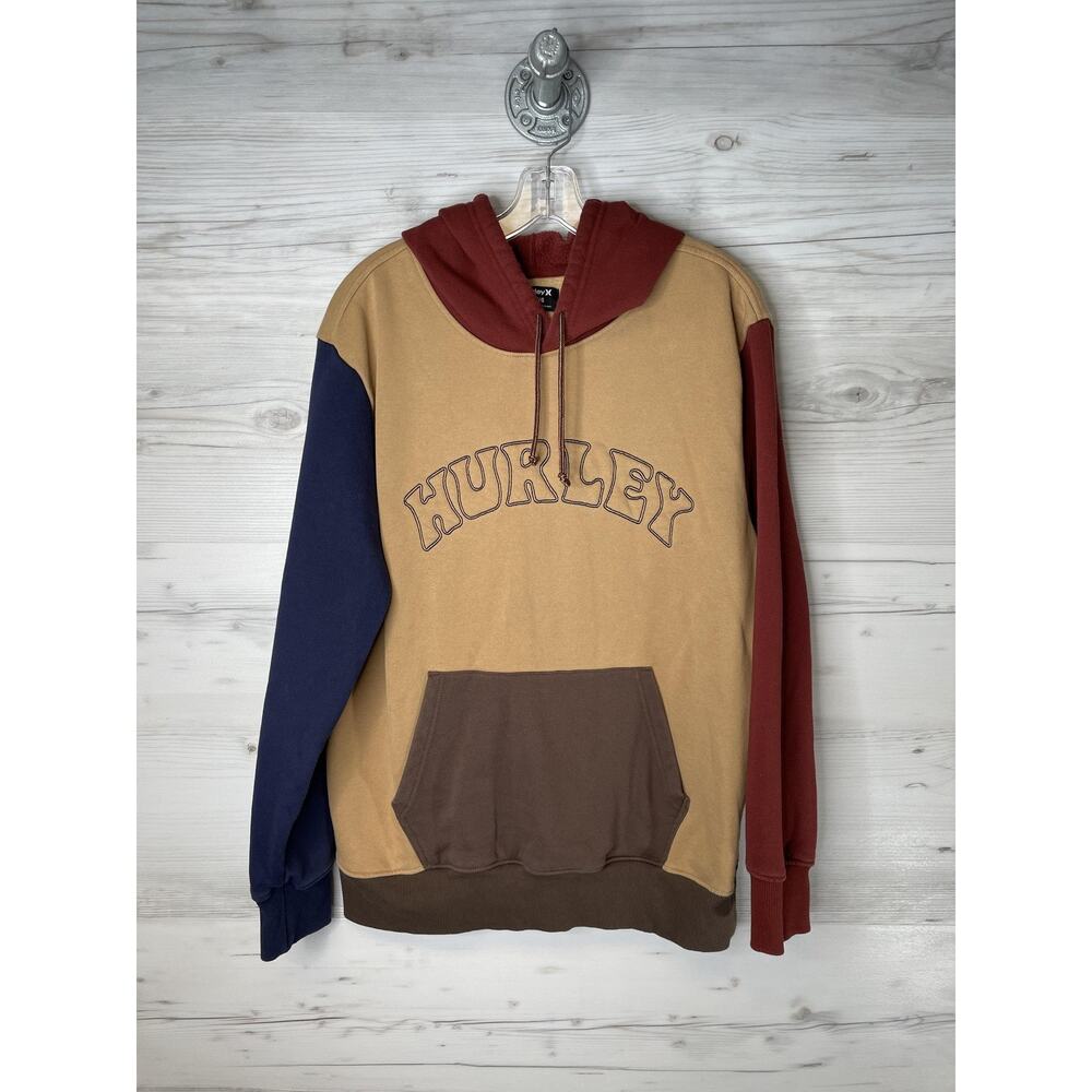 Hurley Hoodie Mens Large Tan Burgundy Colorblock Fleece Sweatshirt Pullover
